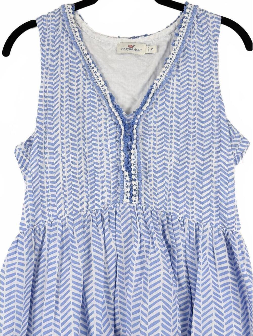 Vineyard Vines Bayside Blue Chevron Fringe Pintuck Dress Sleeveless Cotton XS - Picture 3 of 6